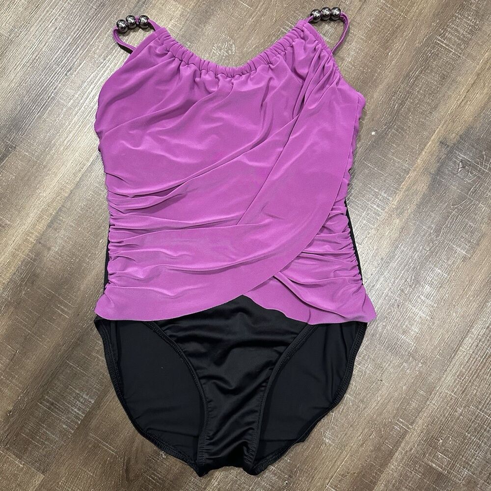 Magicsuit Purple Black Ruched Beaded One Piece Swimsuit Underwire Size 12 23.5in